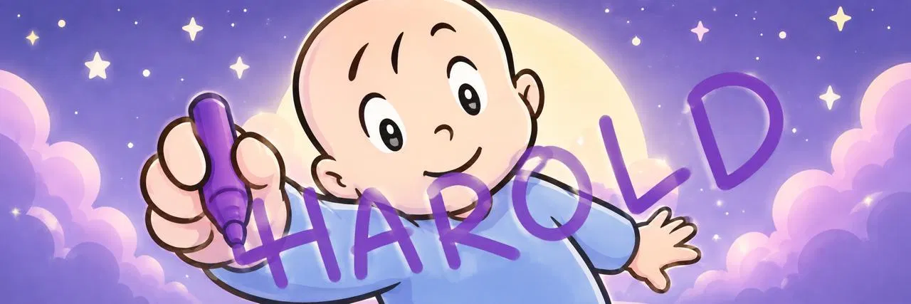 Harold drawing his name with a giant purple crayon