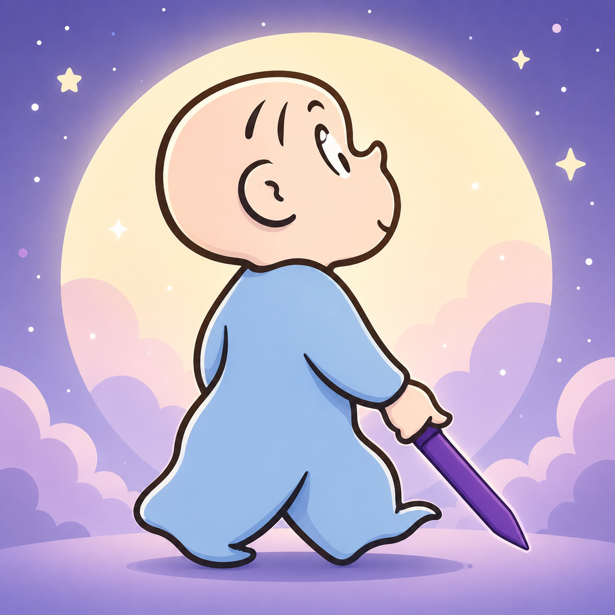 Harold walking toward a giant moon holding his purple crayon