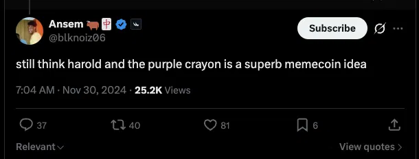 Ansem tweet: still think harold and the purple crayon is a superb memecoin idea