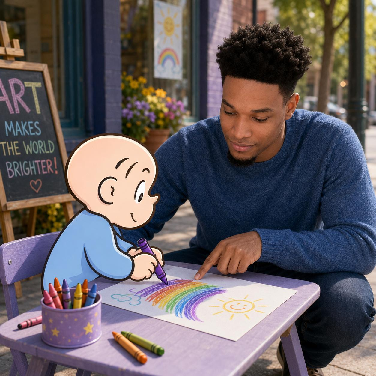 Ansem sitting at a tiny purple table drawing a rainbow with Harold and his purple crayon